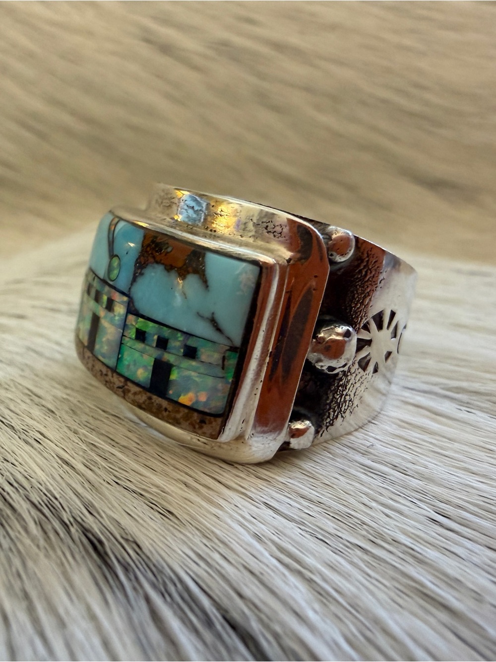 ❤️ Signed Galaxy Micro Inlaid Large Pueblo Scene Sterling Ring Sz 9 Unisex 8.7G - Picture 8 of 17